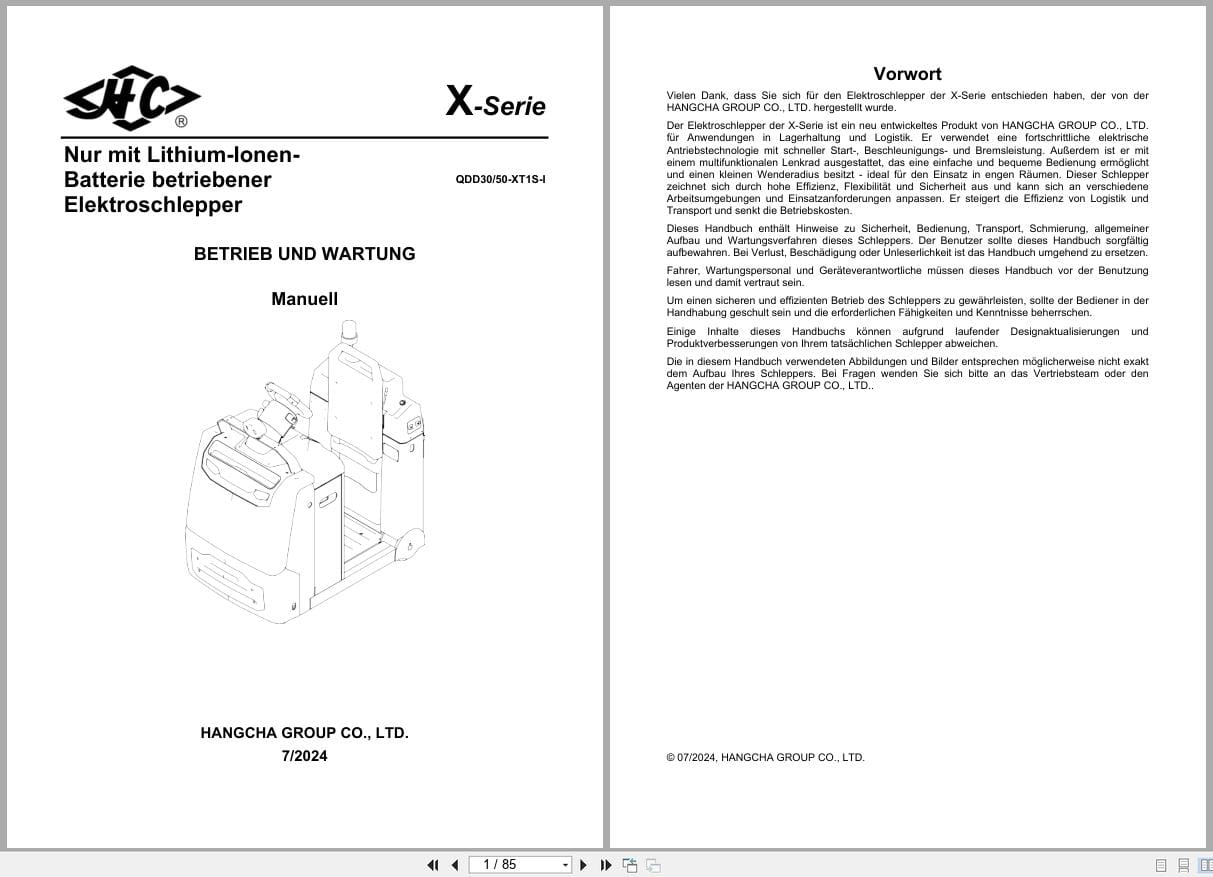 Hangcha X Series 3.0t 5.0t QDD30 XT1S I QDD50 XT1S I Operation Maintenance Manual 2024 DE (1)