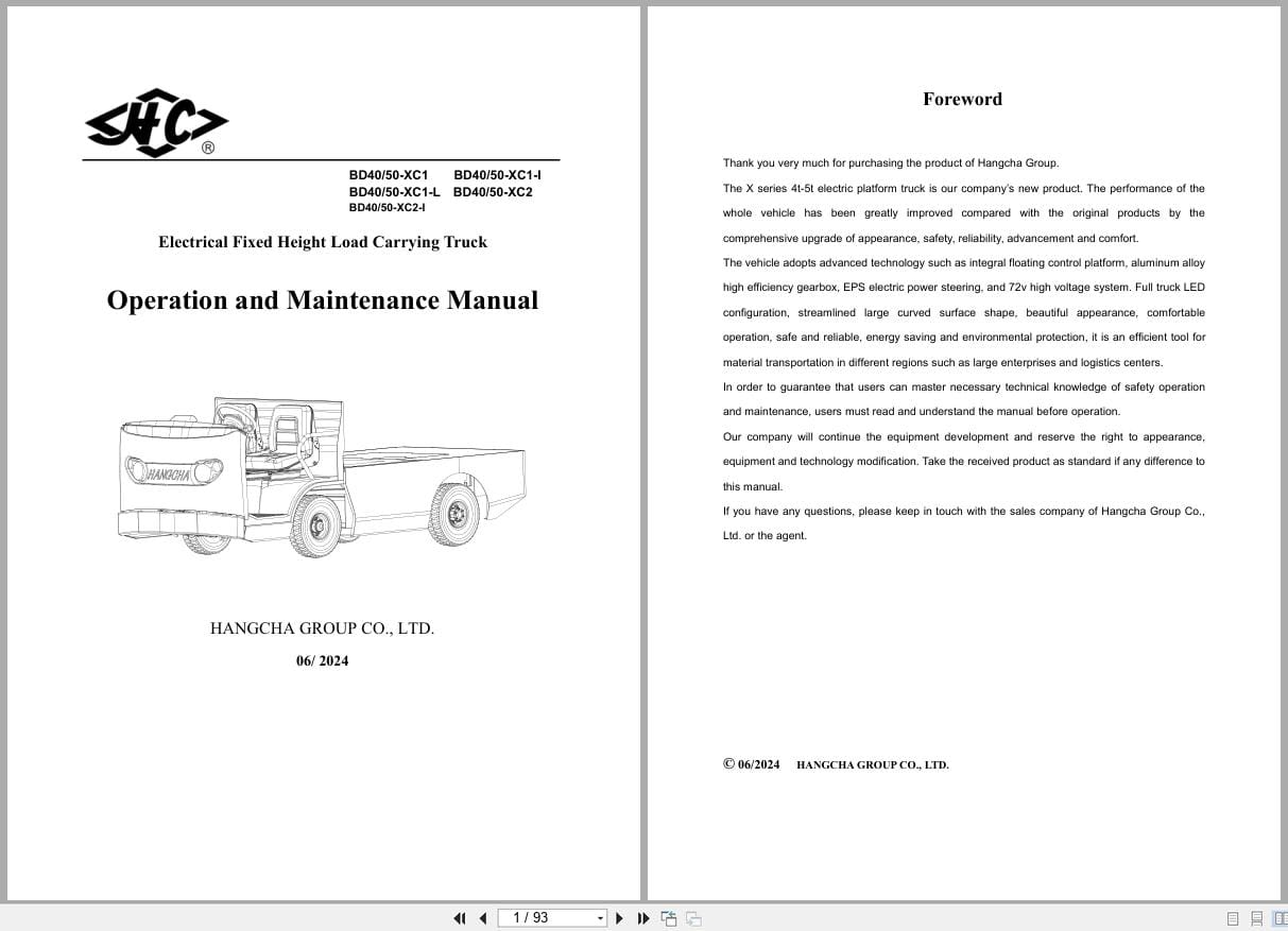 Hangcha X Series 4.0t 5.0t BD40 XC1 to BD50 XC2 I Operation Maintenance Manual 2024 EN (1)