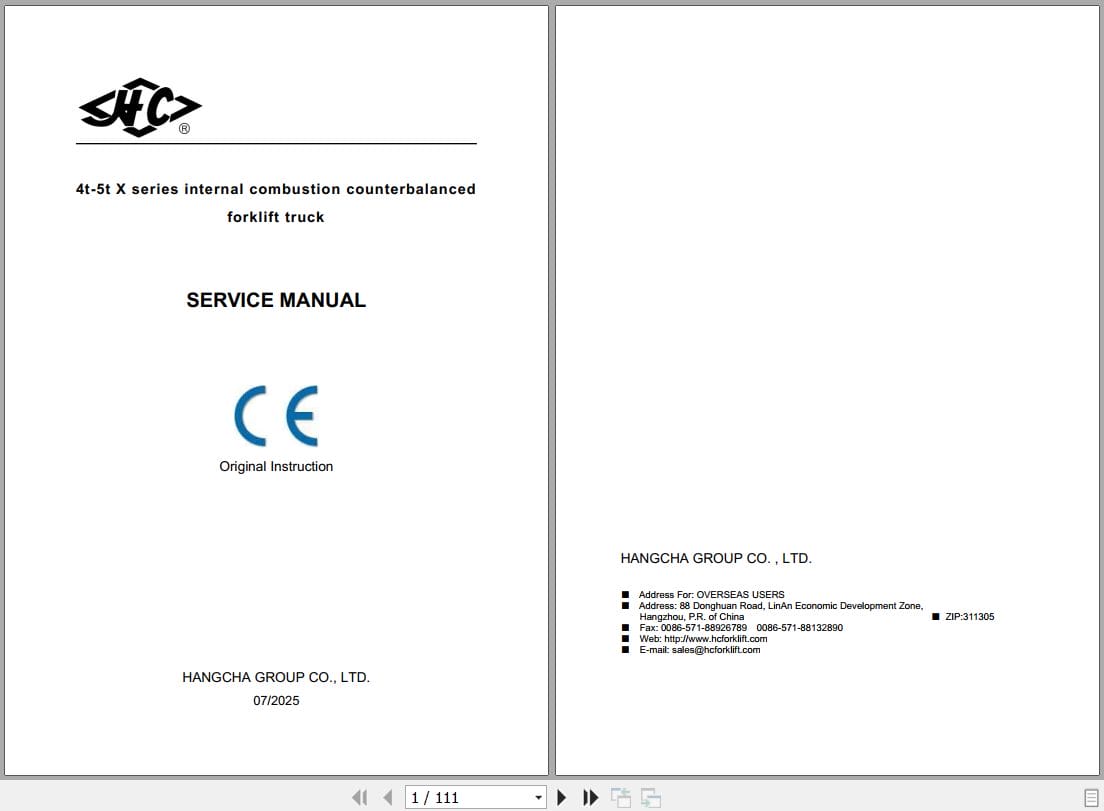 Hangcha X Series 4.0t 5.0t CPCD40 XW35 to CPQYD50 XRXW57 Service Manual 2025 EN (1)
