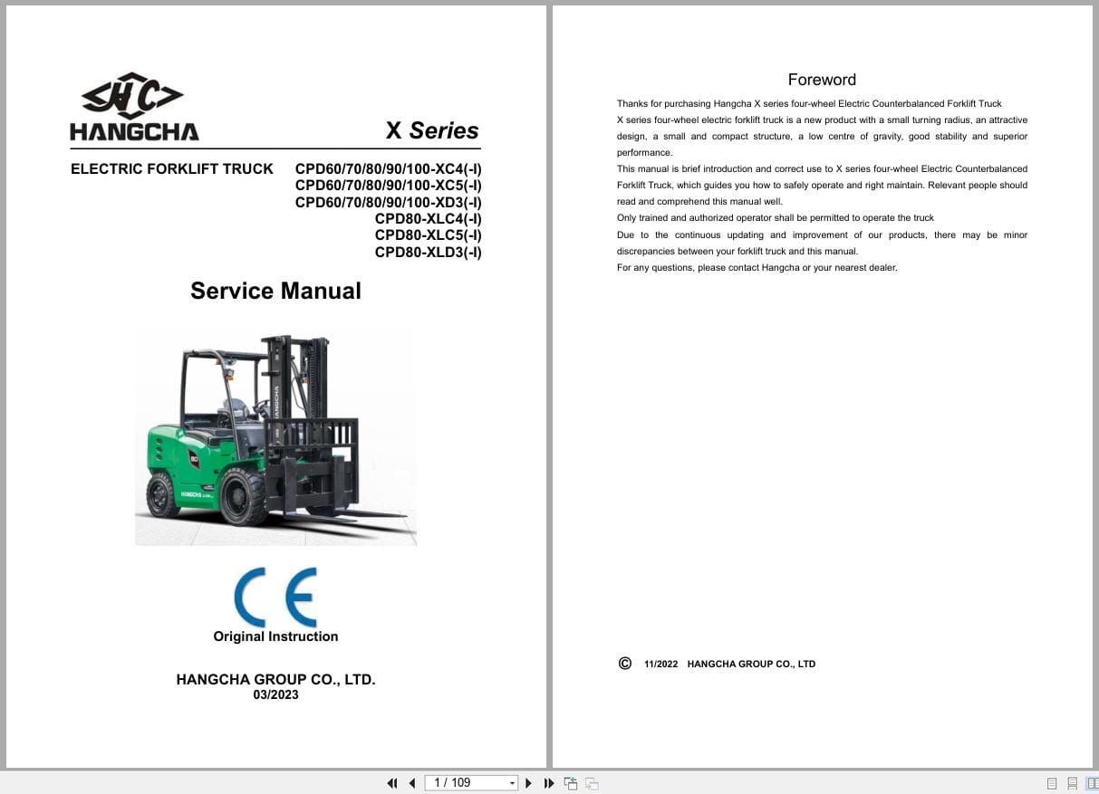 Hangcha X Series 6.0t 10t CPD60 XC4 to CPD100 XD3 Service Manual 2023 EN (1)