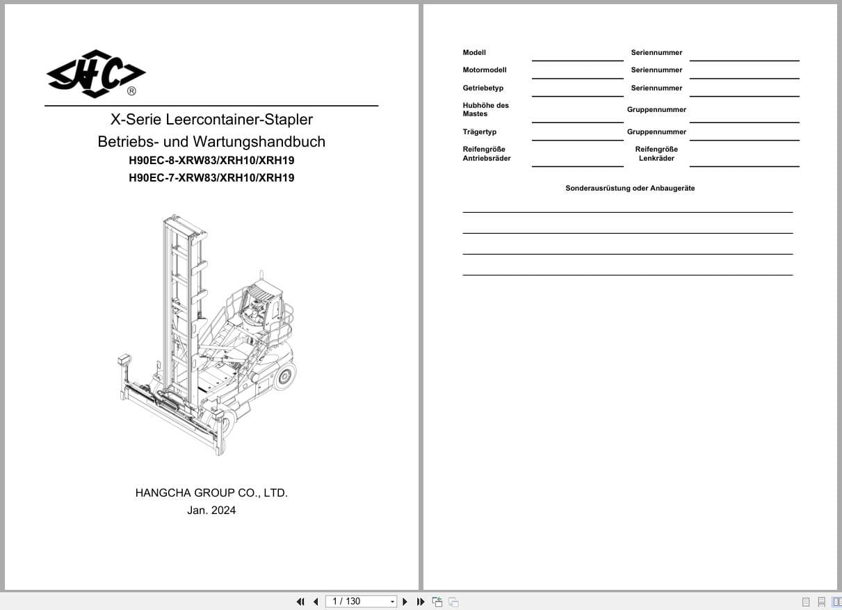 Hangcha X Series 9.0t H90EC 8 XRH19 to H90EC 7 XRH19 Operation Maintenance Manual 2024 DE (1)