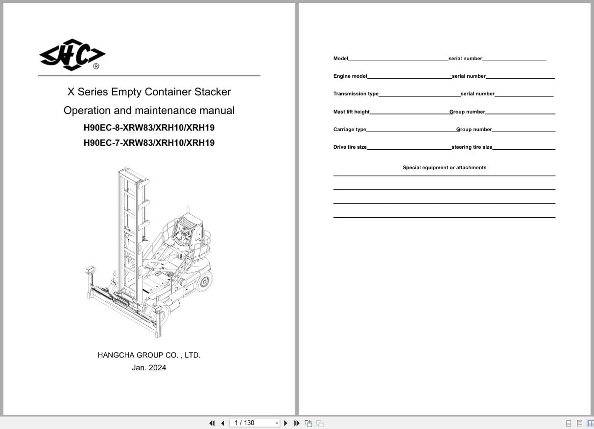 Hangcha X Series 9.0t H90EC 8 XRW83 to H90EC 7 XRH19 Operation Maintenance Manual 2024 EN (1)