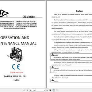 Hangcha XC Series 1.3t 2.0t CPDS13 XCD4 SI to CPDS20 XCY2B SI Operation Maintenance Manual 2025 EN (1)