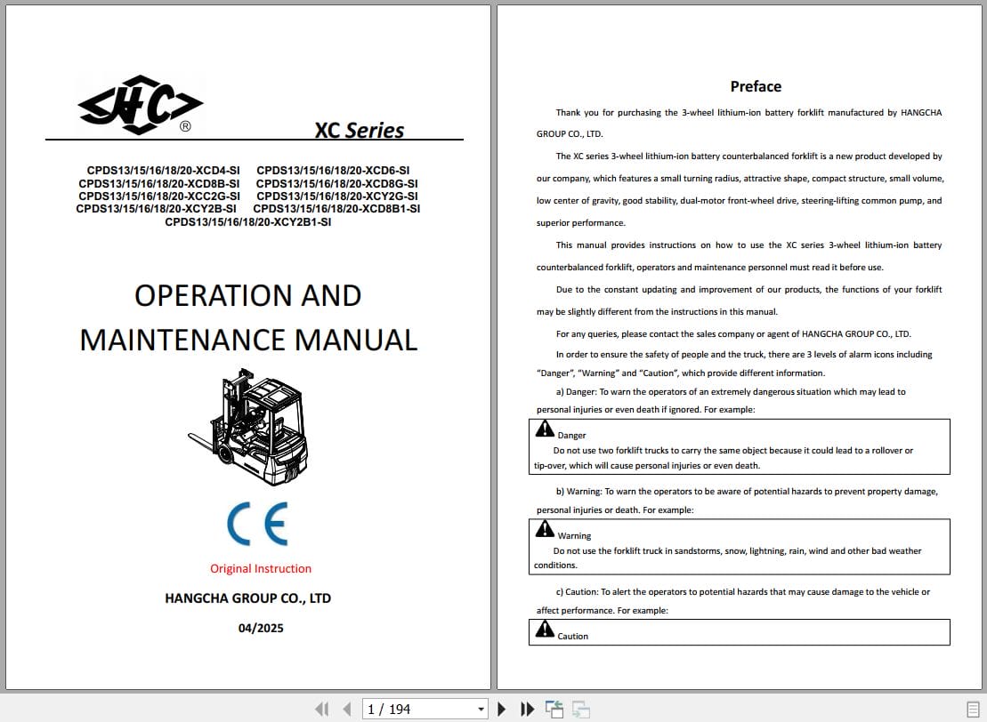 Hangcha XC Series 1.3t 2.0t CPDS13 XCD4 SI to CPDS20 XCY2B SI Operation Maintenance Manual 2025 EN (1)