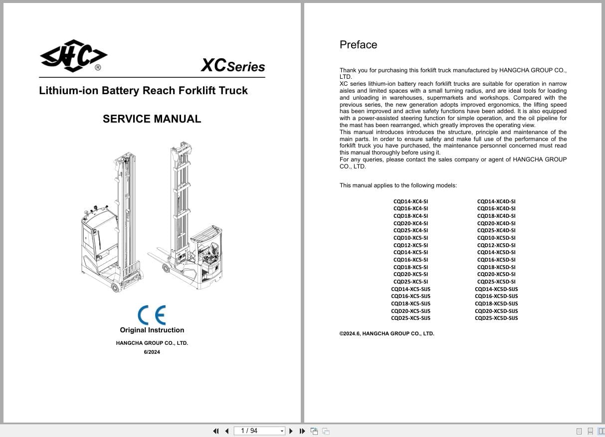 Hangcha XC Series 1.4t 2.5t CQD14 XC4 SI to CQD25 XC5D SIJS Service Manual 2024 EN (1)