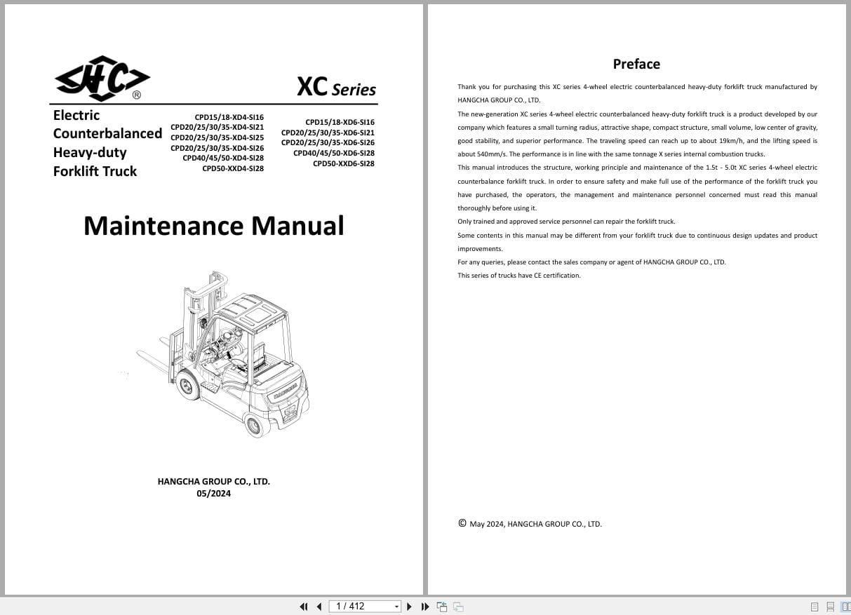 Hangcha XC Series 1.5t 5.0t CPD15 XD4 SI16 to CPD50 XXD6 SI28 Maintenance Manual 2024 EN (1)