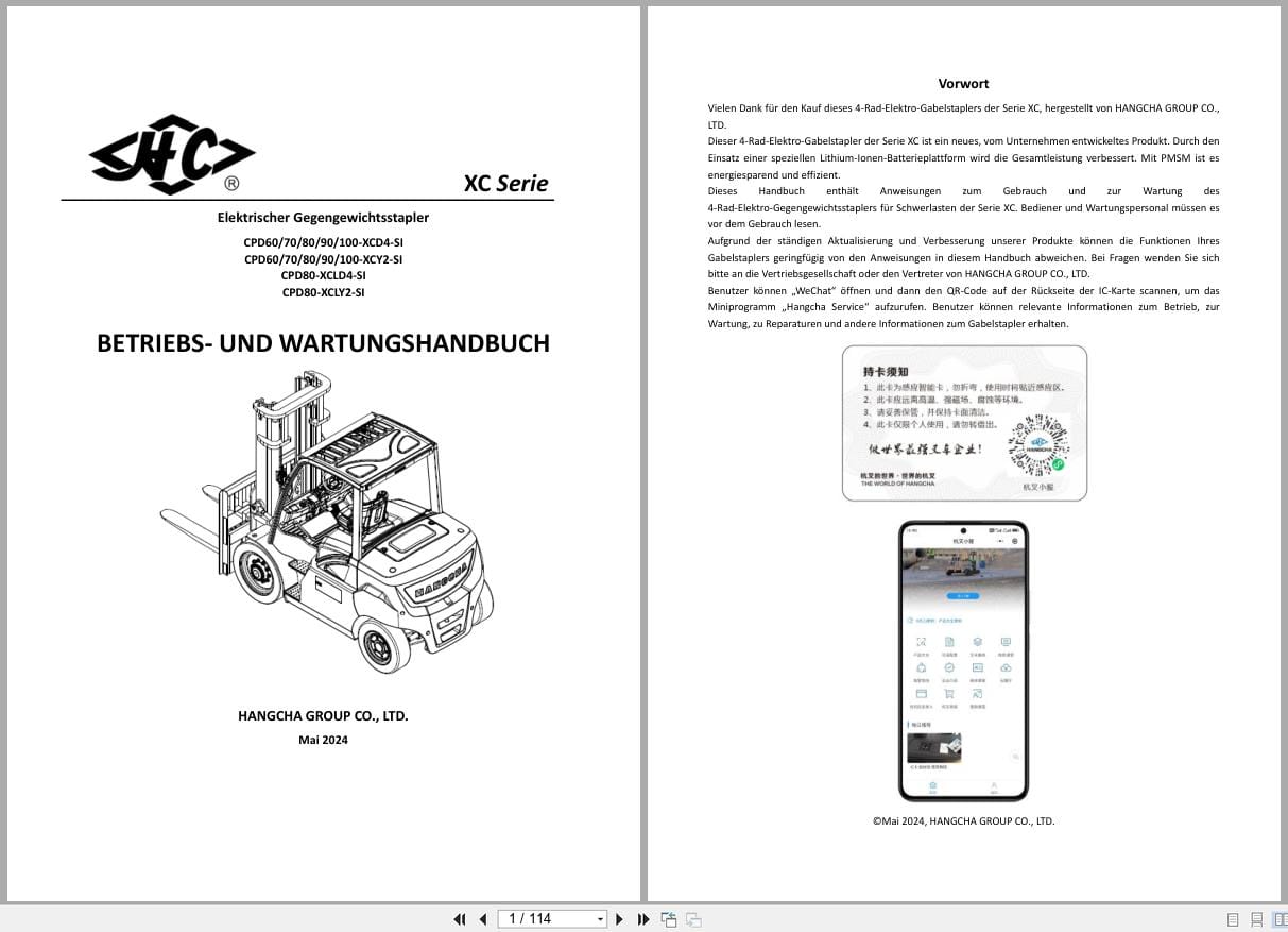 Hangcha XC Series 6.0t 10t CPD60 XCD4 SI to CPD100 XCY2 SI Operation Maintenance Manual 2024 DE (1)