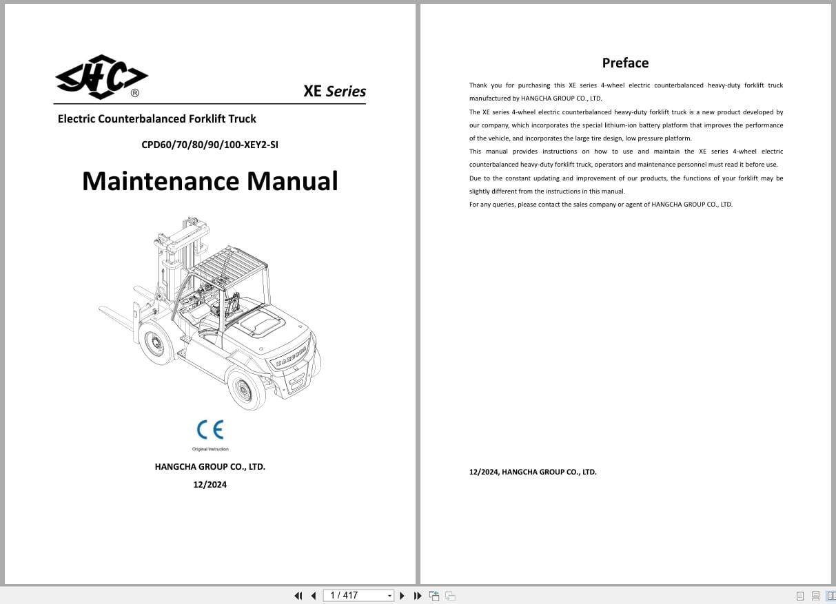 Hangcha XE Series 6.0t 10t CPD60 XEY2 SI to CPD100 XEY2 SI Maintenance Manual 2024 EN (1)