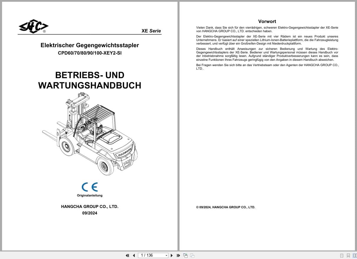 Hangcha XE Series 6.0t 10t CPD60 XEY2 SI to CPD100 XEY2 SI Operation Maintenance Manual 2024 DE (1)