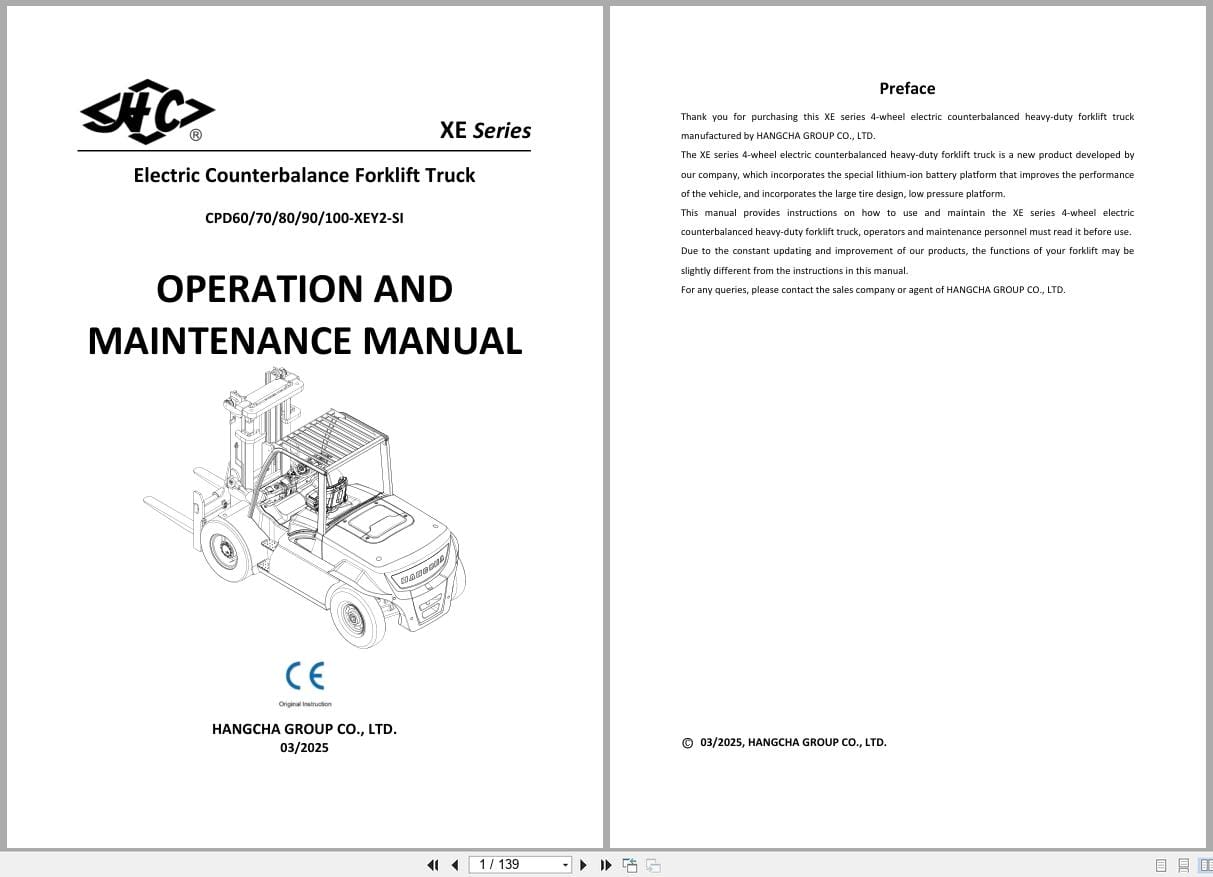 Hangcha XE Series 6.0t 10t CPD60 XEY2 SI to CPD100 XEY2 SI Operation Maintenance Manual 2025 EN (1)