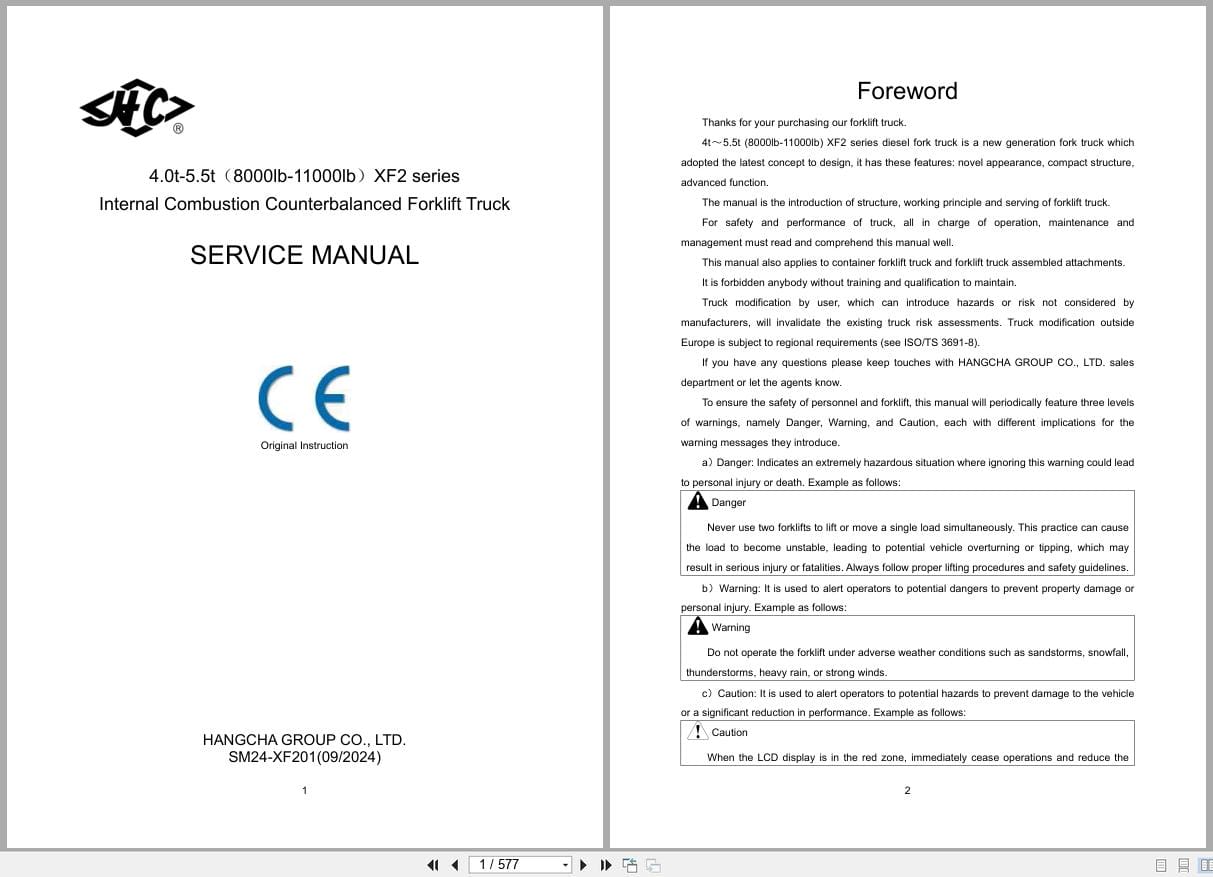 Hangcha XF Series 4.0t 5.5t CPCD40 X2W99BN to CPYD55 X2XW24BN Service Manual 2024 EN (1)