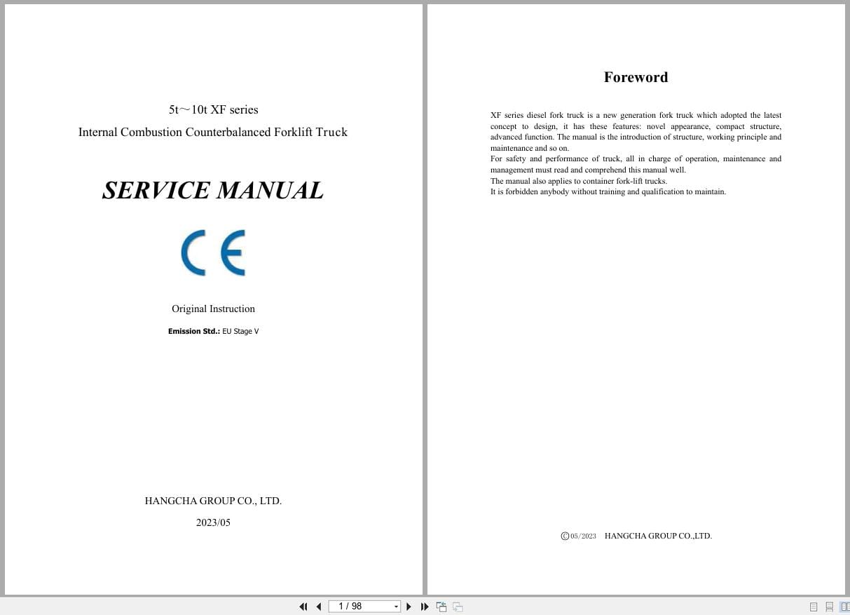 Hangcha XF Series 5.0t 10t CPCD50 XW95G to CPCD100 XH15B Service Manual 2023 EN (1)