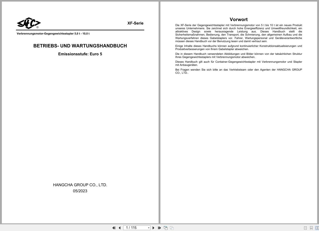 Hangcha XF Series 5.0t 10t CPCD50 XW95G to CPCD100 XW96G Euro 5 Operation Maintenance Manual DE (1)