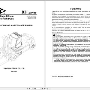 Hangcha XH Series 14.t 18.t CPD140 XHL2G to CPD180 XHXL2G Operation Maintenance Manual 2024 EN (1)