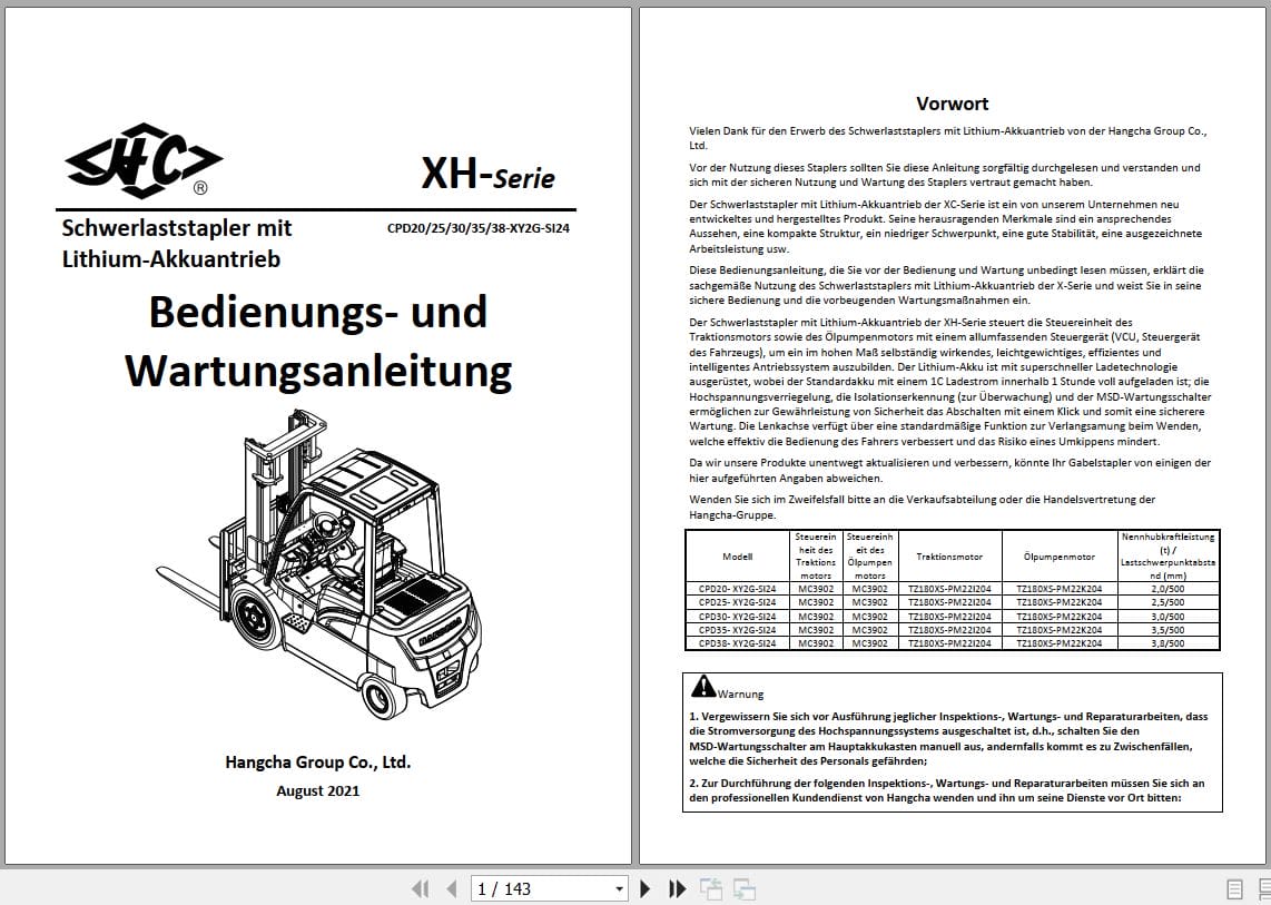 Hangcha XH Series 2.0t 3.8t CPD20 XY2G SI24 to CPD38 XY2G SI24 Operation Maintenance Manual 2021 DE (1)