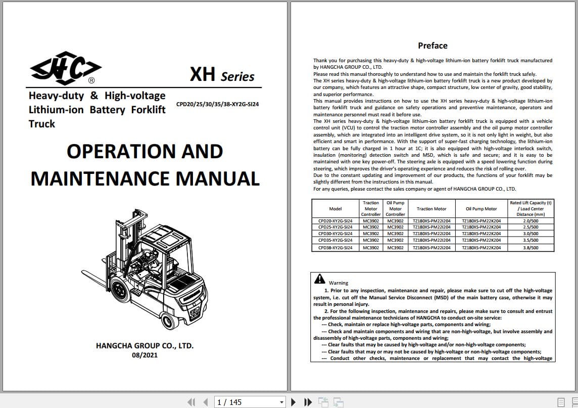 Hangcha XH Series 2.0t 3.8t CPD20 XY2G SI24 to CPD38 XY2G SI24 Operation Maintenance Manual 2021 EN (1)
