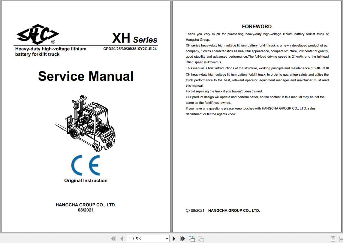 Hangcha XH Series 2.0t 3.8t CPD20 XY2G SI24 to CPD38 XY2G SI24 Service Manual 2021 EN (1)
