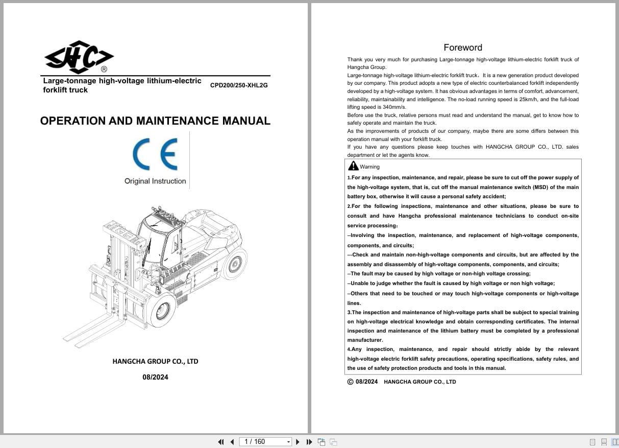 Hangcha XH Series 20t 25t CPD200 XHL2G to CPD250 XHL2G Operation Maintenance Manual 2024 EN (1)
