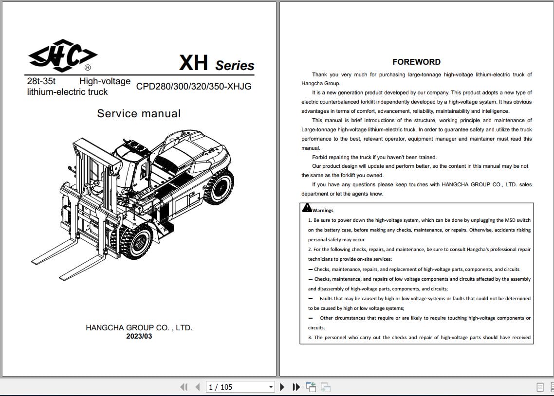 Hangcha XH Series 28t 35t CPD280 XHJG to CPD350 XHJG Service Manual 2023 EN (1)