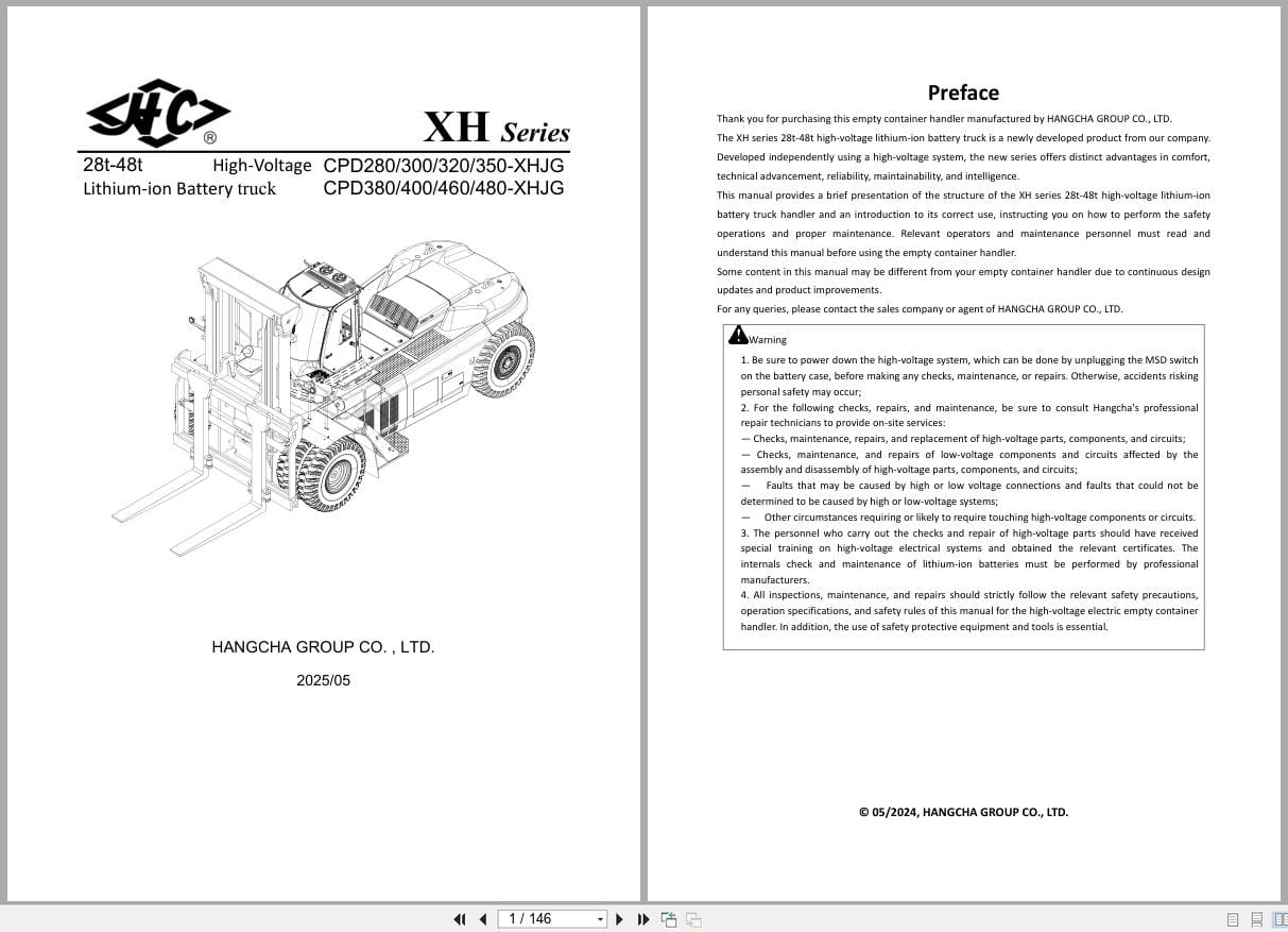 Hangcha XH Series 28t 48t CPD280 XHJG to CPD480 XHJG Operation Maintenance Manual 2025 EN (1)
