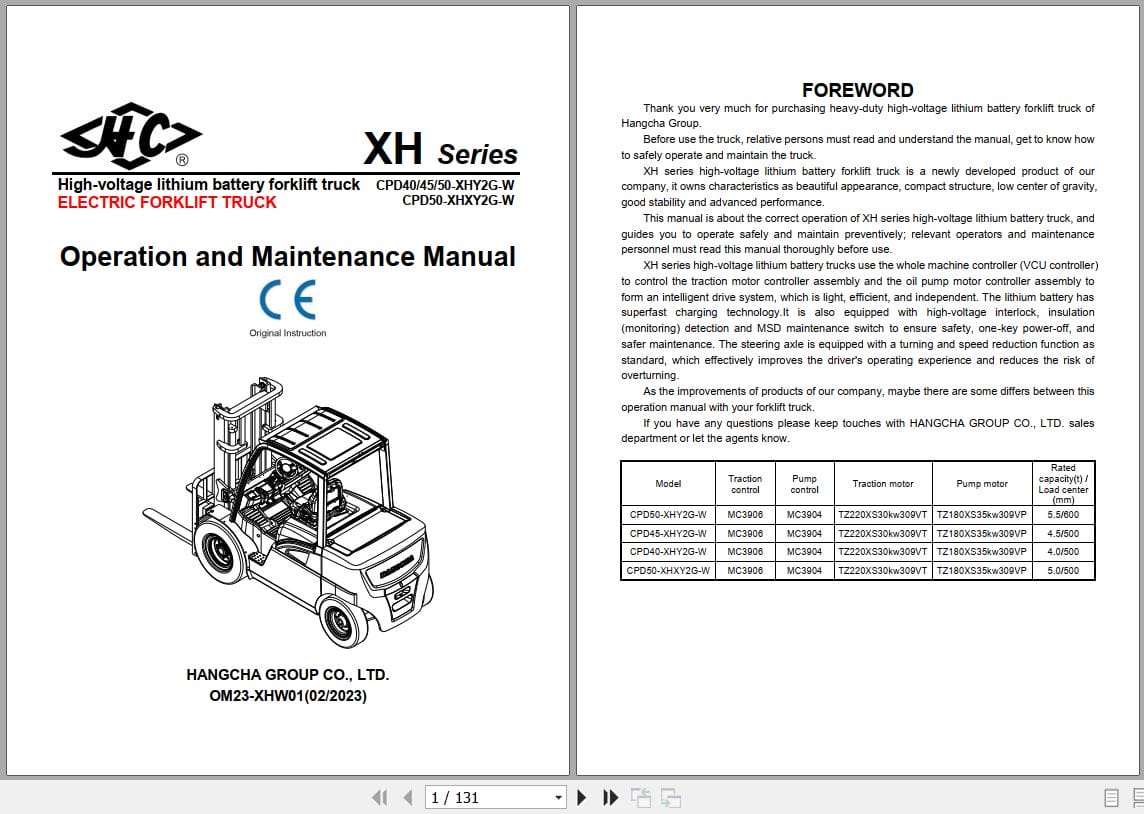 Hangcha XH Series 4.0t 5.0t CPD40 XHY2G W to CPD50 XHXY2G W Operation Maintenance Manual 2023 EN (1)