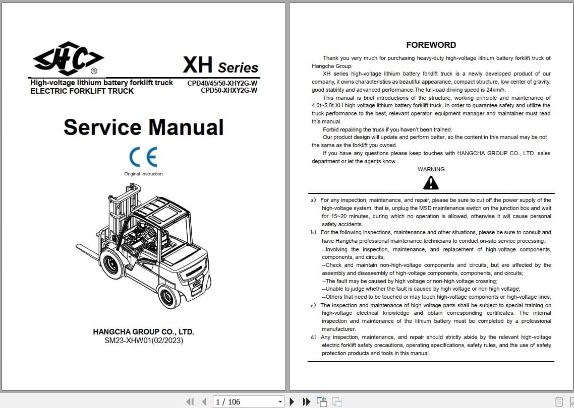 Hangcha XH Series 4.0t 5.0t CPD40 XHY2G W to CPD50 XHXY2G W Service Manual 2023 EN (1)