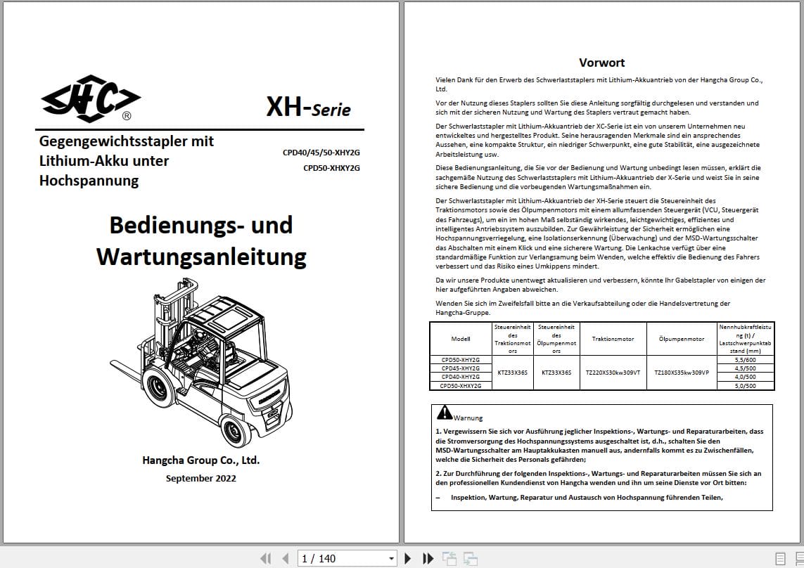 Hangcha XH Series 4.0t 5.0t CPD40 XHY2G to CPD50 XHXY2G Operation Maintenance Manual 2022 DE (1)