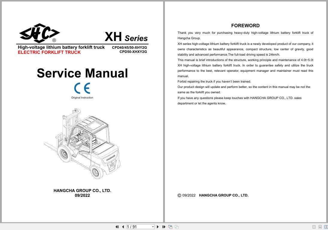 Hangcha XH Series 4.0t 5.0t CPD40 XHY2G to CPD50 XHXY2G Service Manual 2022 EN (1)