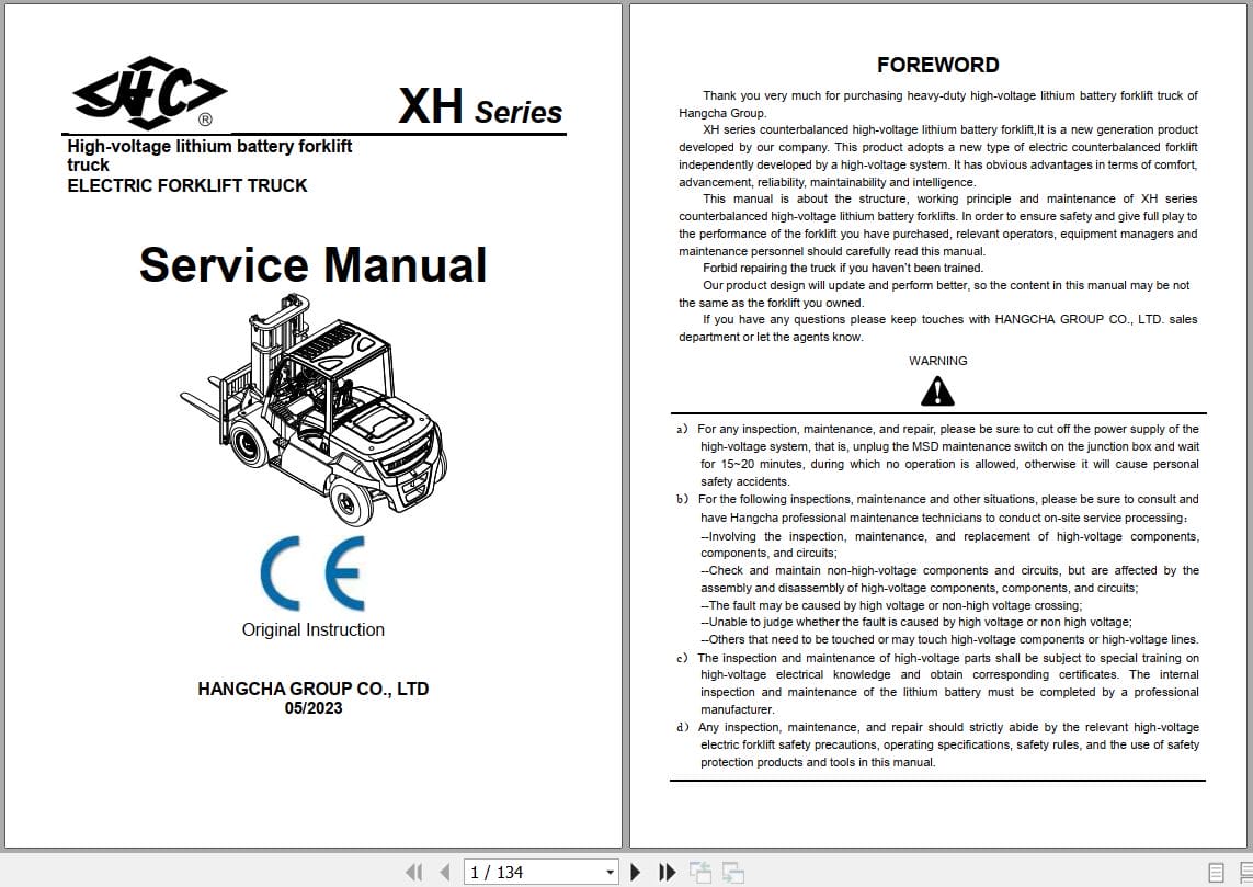 Hangcha XH Series 6.0t 10t CPD60 XHY2G W to CPD100 XHY2G W Service Manual 2023 EN (1)