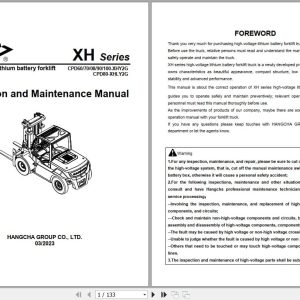 Hangcha XH Series 6.0t 10t CPD60 XHY2G to CPD100 XHY2G Operation Maintenance Manual 2023 EN (1)