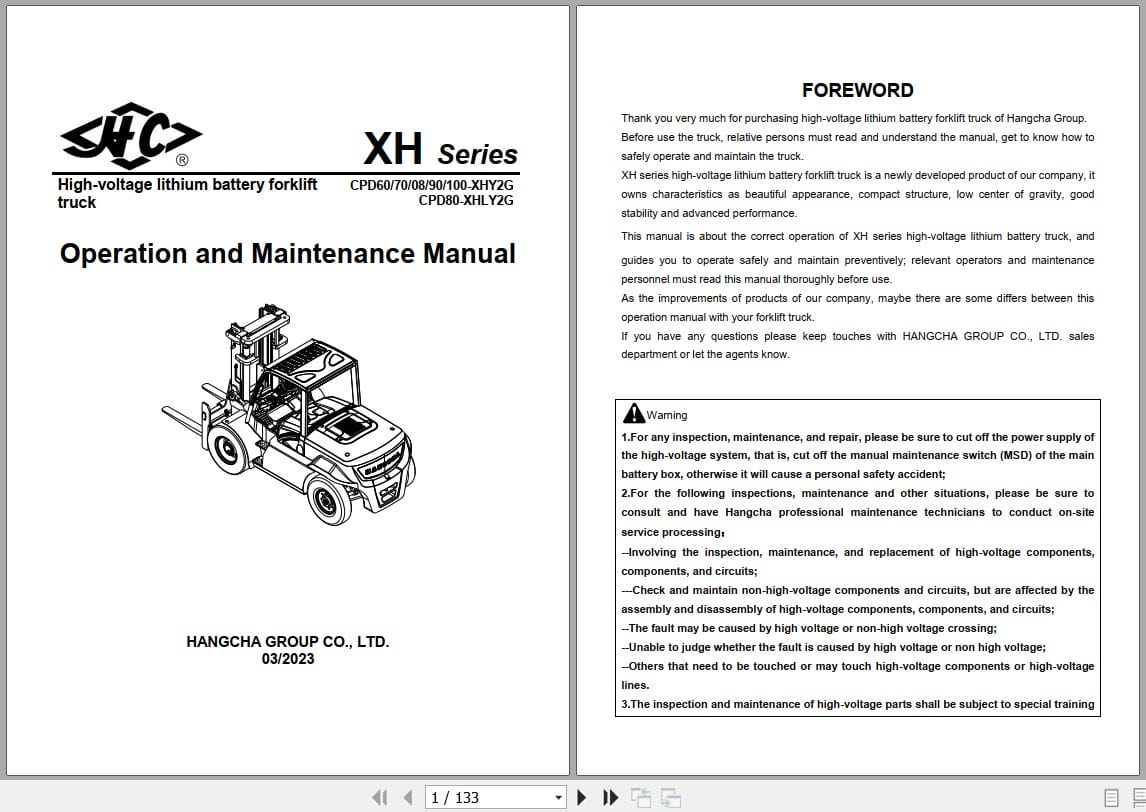 Hangcha XH Series 6.0t 10t CPD60 XHY2G to CPD100 XHY2G Operation Maintenance Manual 2023 EN (1)