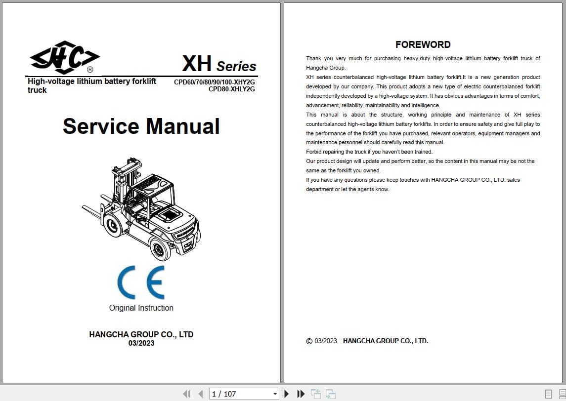 Hangcha XH Series 6.0t 10t CPD60 XHY2G to CPD100 XHY2G Service Manual 2023 EN (1)