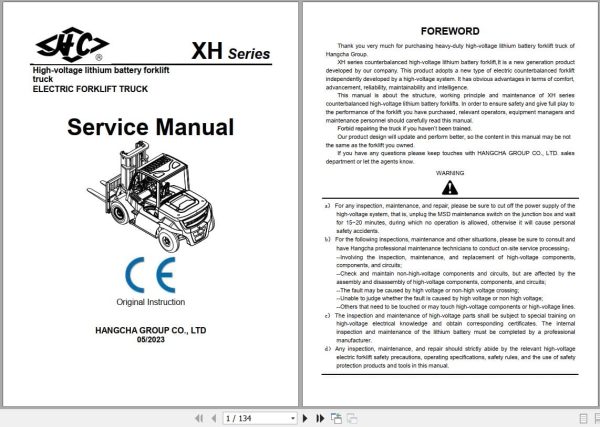 Hangcha XH Series 6.0t X10t CPD60 XHY2G W to CPD100 XHY2G W Service Manual 2023 EN (1)