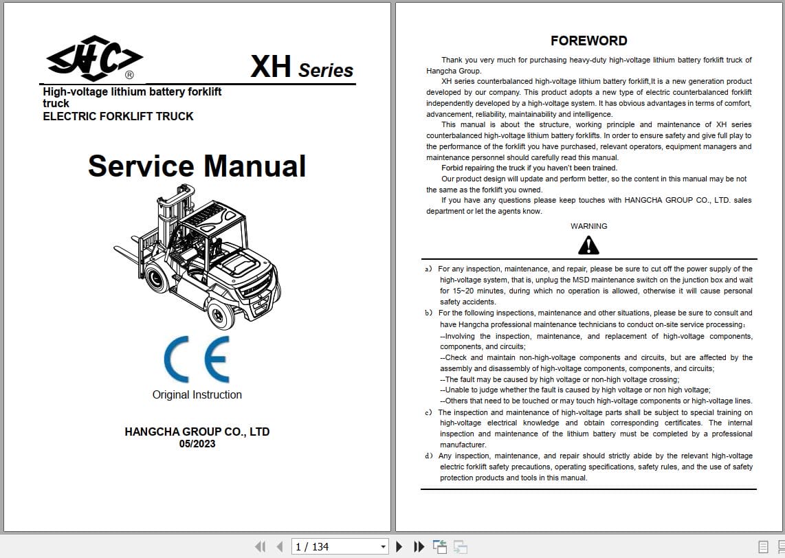 Hangcha XH Series 6.0t X10t CPD60 XHY2G W to CPD100 XHY2G W Service Manual 2023 EN (1)