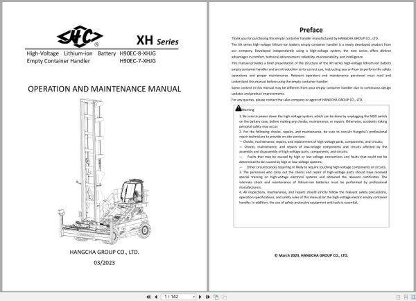 Hangcha XH Series 9.0t H90EC 8 XHJG H90EC 7 XHJG Operation Maintenance Manual 2023 EN (1)