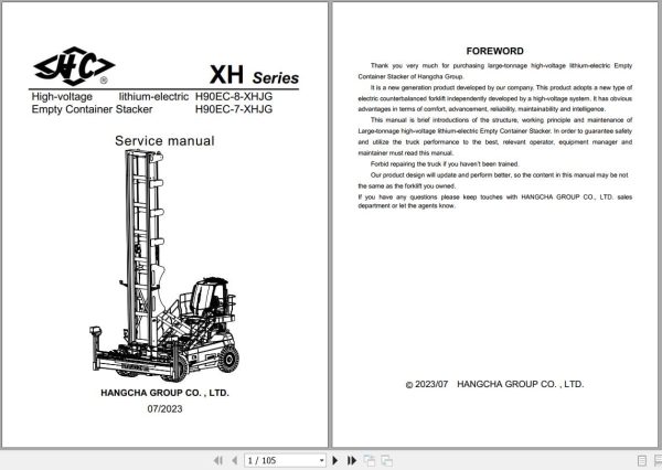 Hangcha XH Series 9.0t H90EC 8 XHJG H90EC 7 XHJG Service Manual 2023 EN (1)