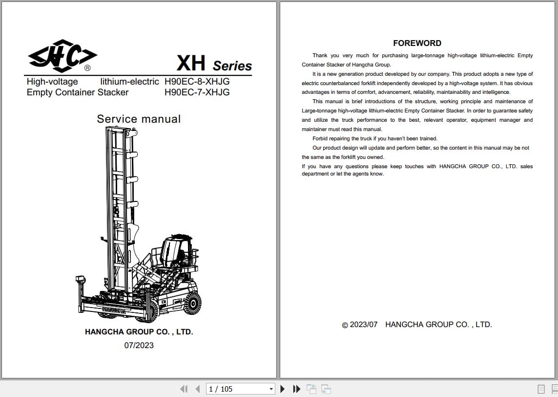 Hangcha XH Series 9.0t H90EC 8 XHJG H90EC 7 XHJG Service Manual 2023 EN (1)