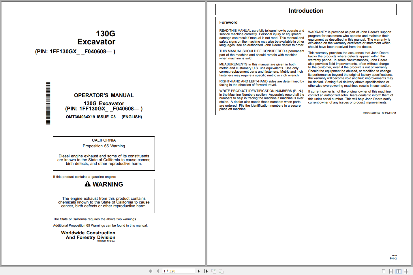 John Deere 130G Excavator Operators Manual OMT364034X19 (1)