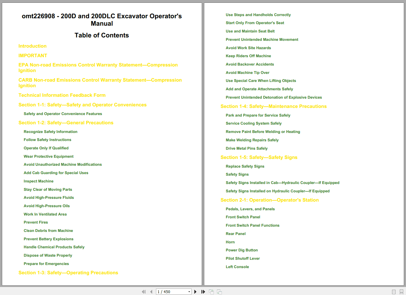 John Deere 200D 200DLC Excavator Operators Manual OMT226908 (1)