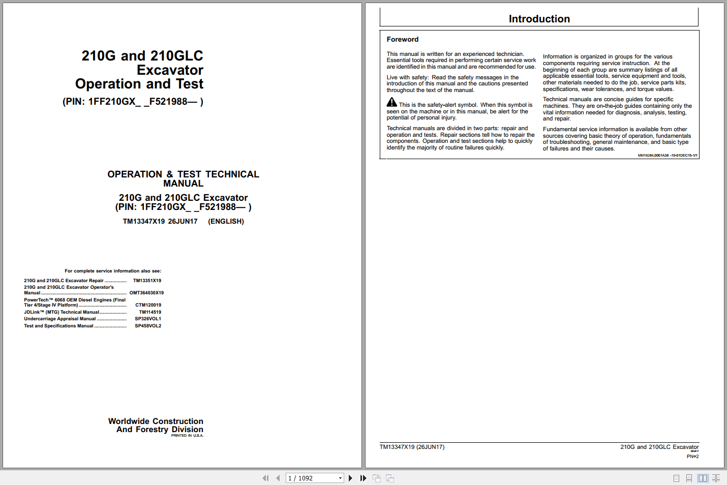 John Deere 210G 210GLC Excavator Operation Test Manual TM13347X19 (1)