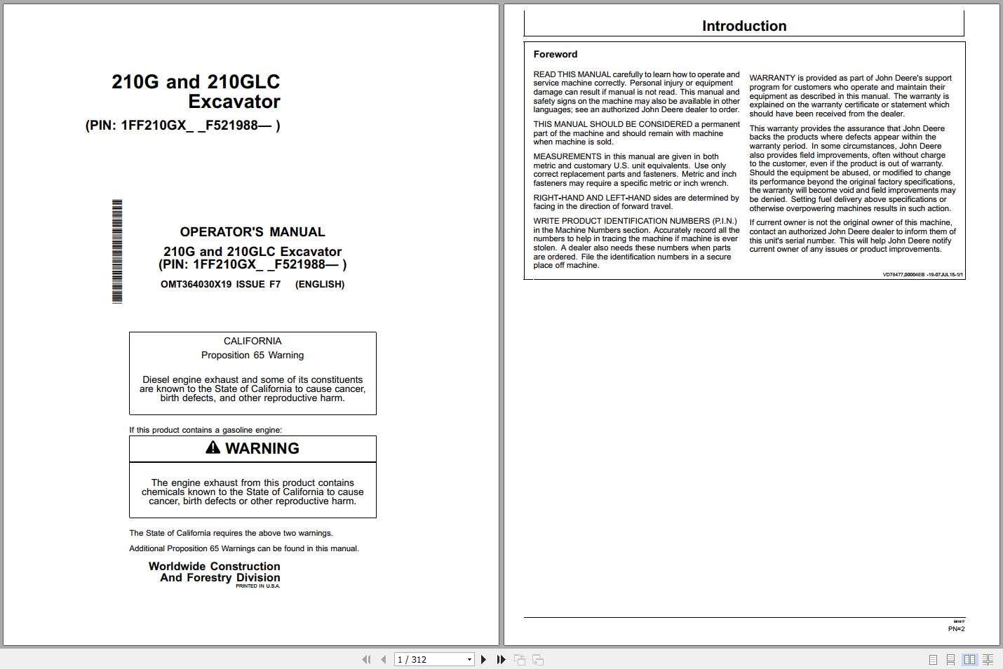 John Deere 210G 210GLC Excavator Operators Manual OMT364030X19 (1)