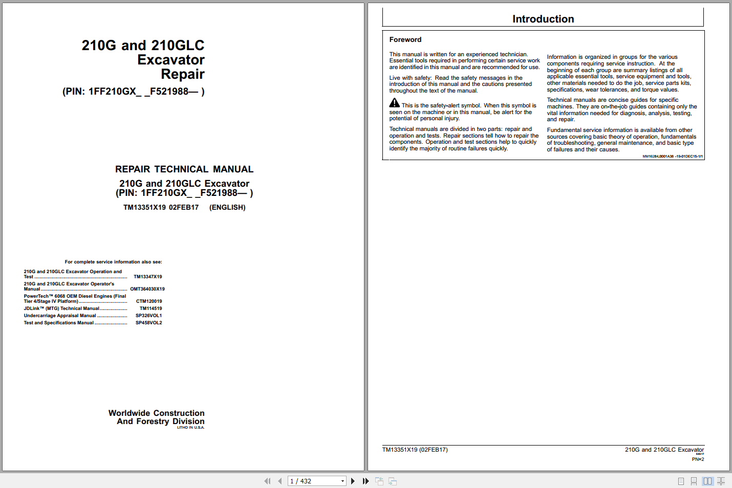John Deere 210G 210GLC Excavator Repair Technical Manual TM13351X19 (1)