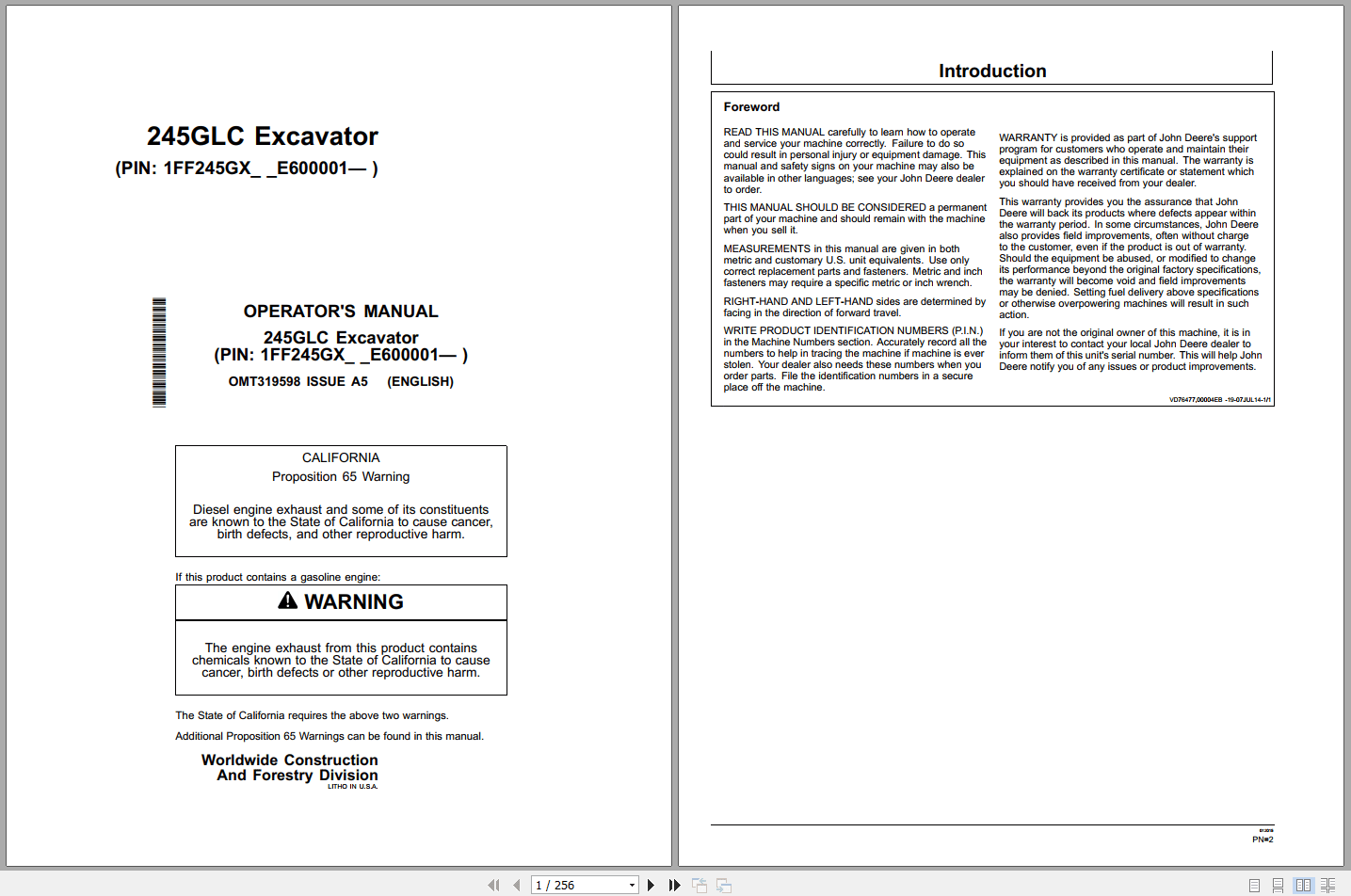 John Deere 245GLC Excavator Operators Manual OMT319598 (1)