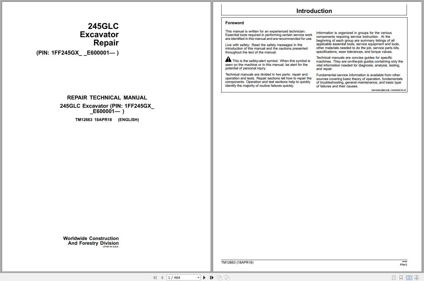 John Deere 245GLC Excavator Repair Technical Manual TM12663 2018 (1)