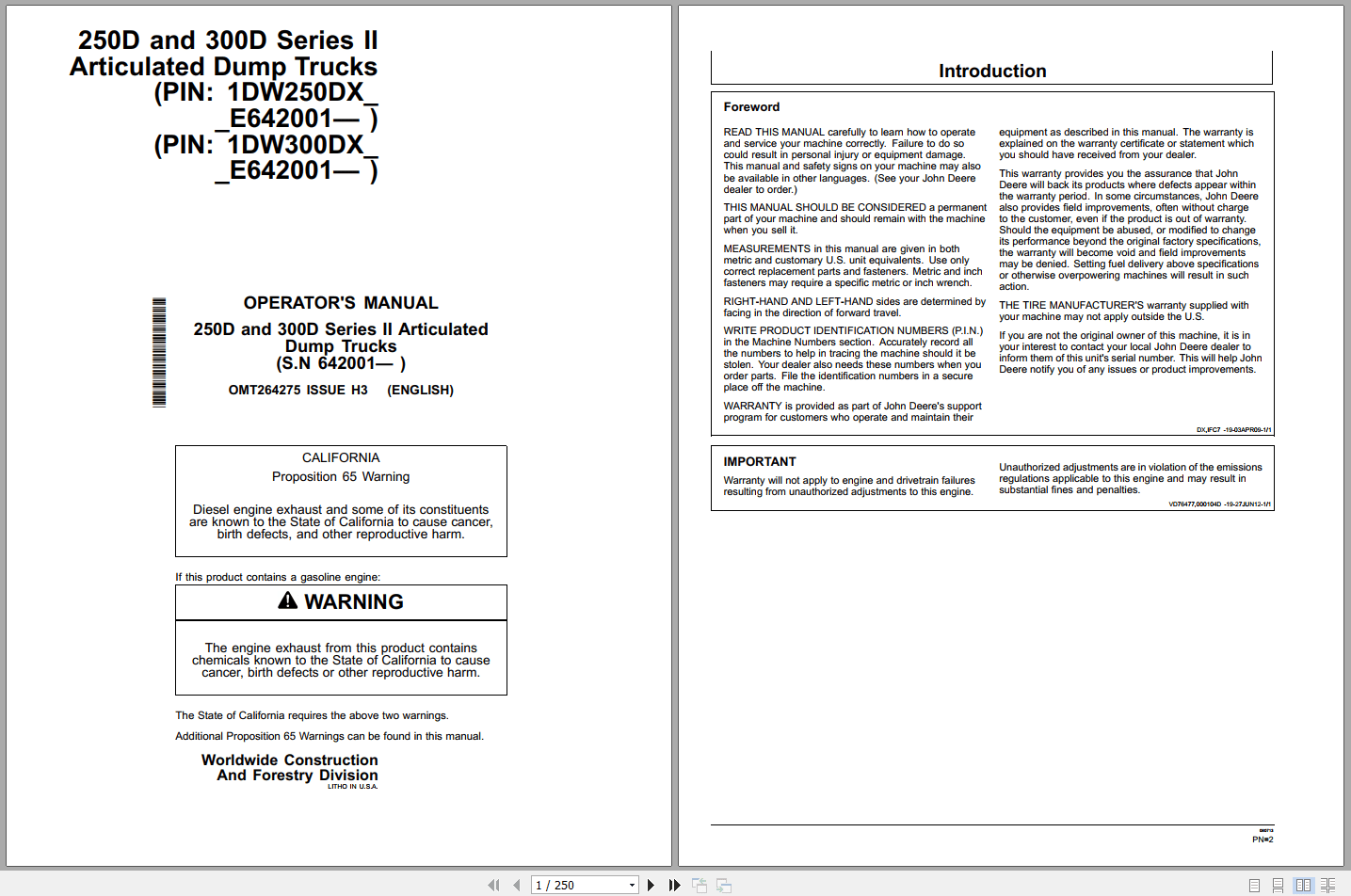 John Deere 250D 300D Series II Articulated Dump Trucks Operators Manual OMT264275 (1)