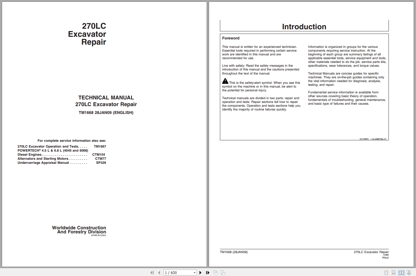John Deere 270LC Excavator Repair Technical Manual TM1668 (1)