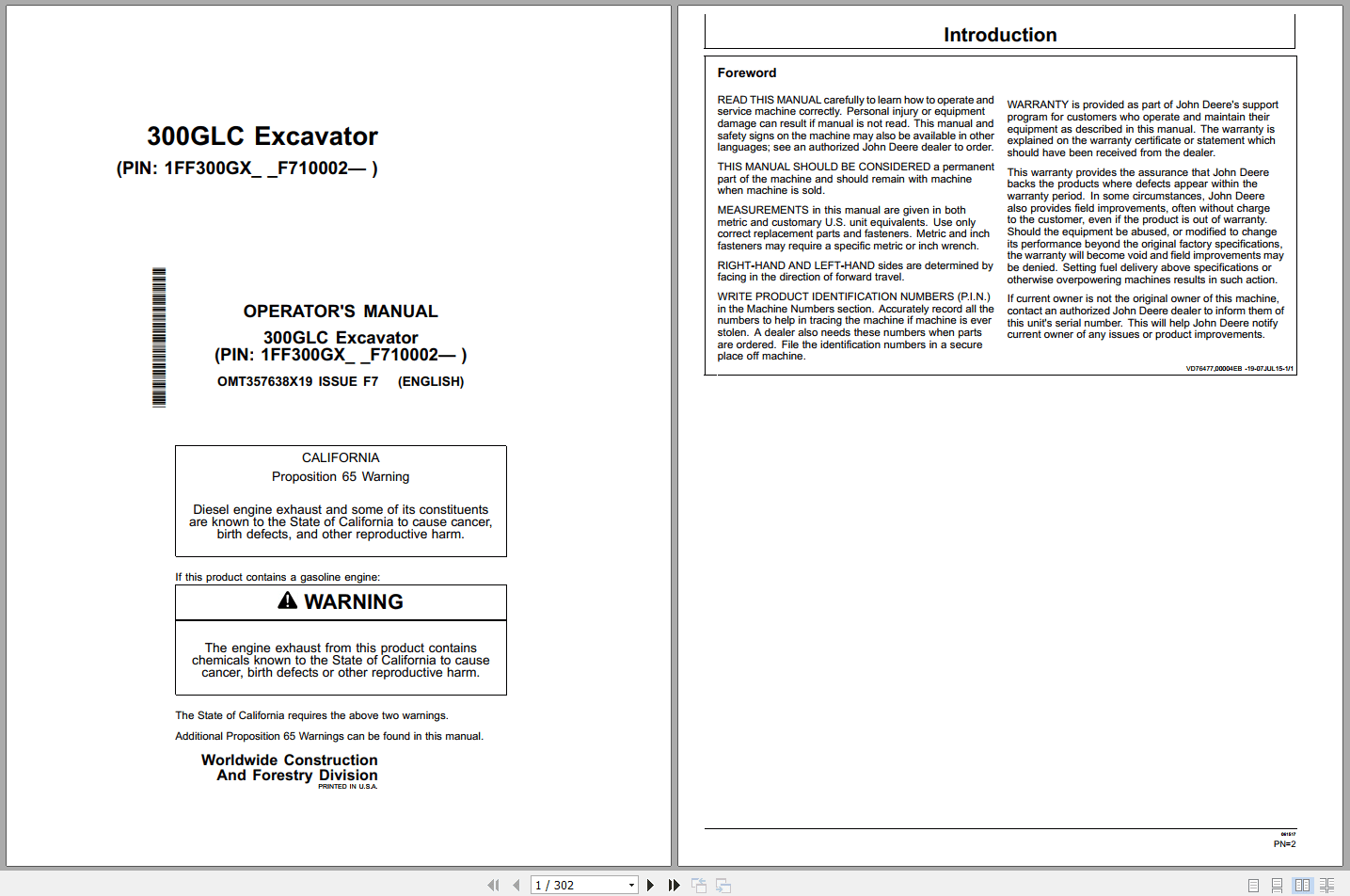 John Deere 300GLC Excavator Operators Manual OMT357638X19 F7 (1)