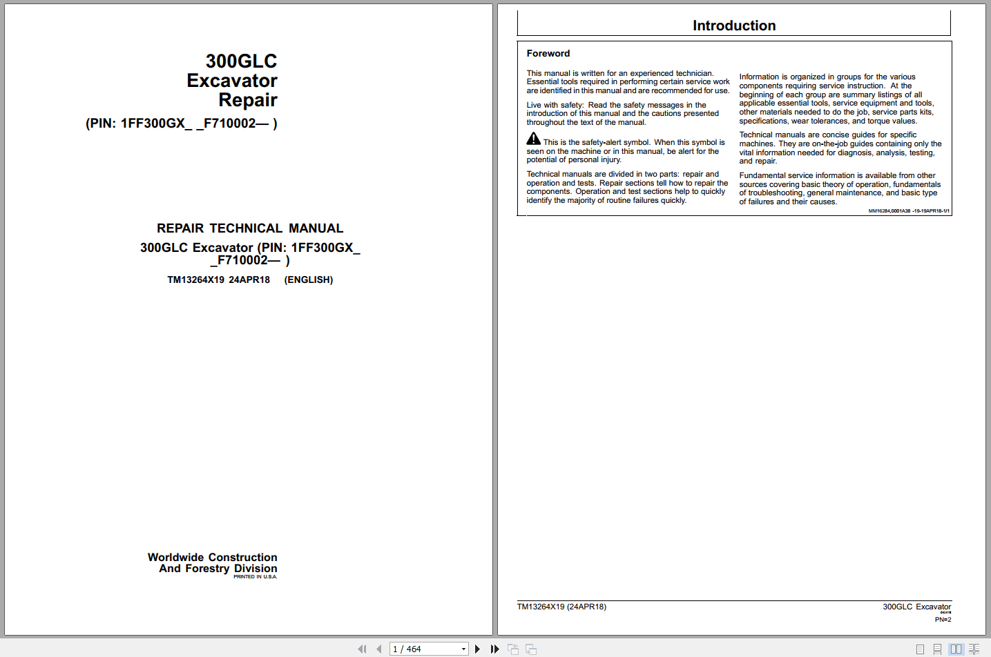 John Deere 300GLC Excavator Repair Technical Manual TM13264X19 2018 (1)