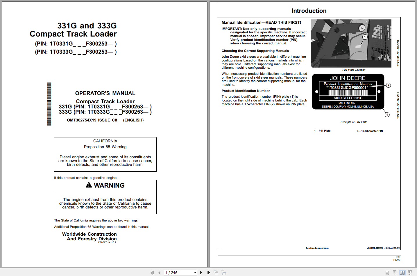 John Deere 331G 333G Compact Track Loader Operators Manual OMT362754X19 (1)