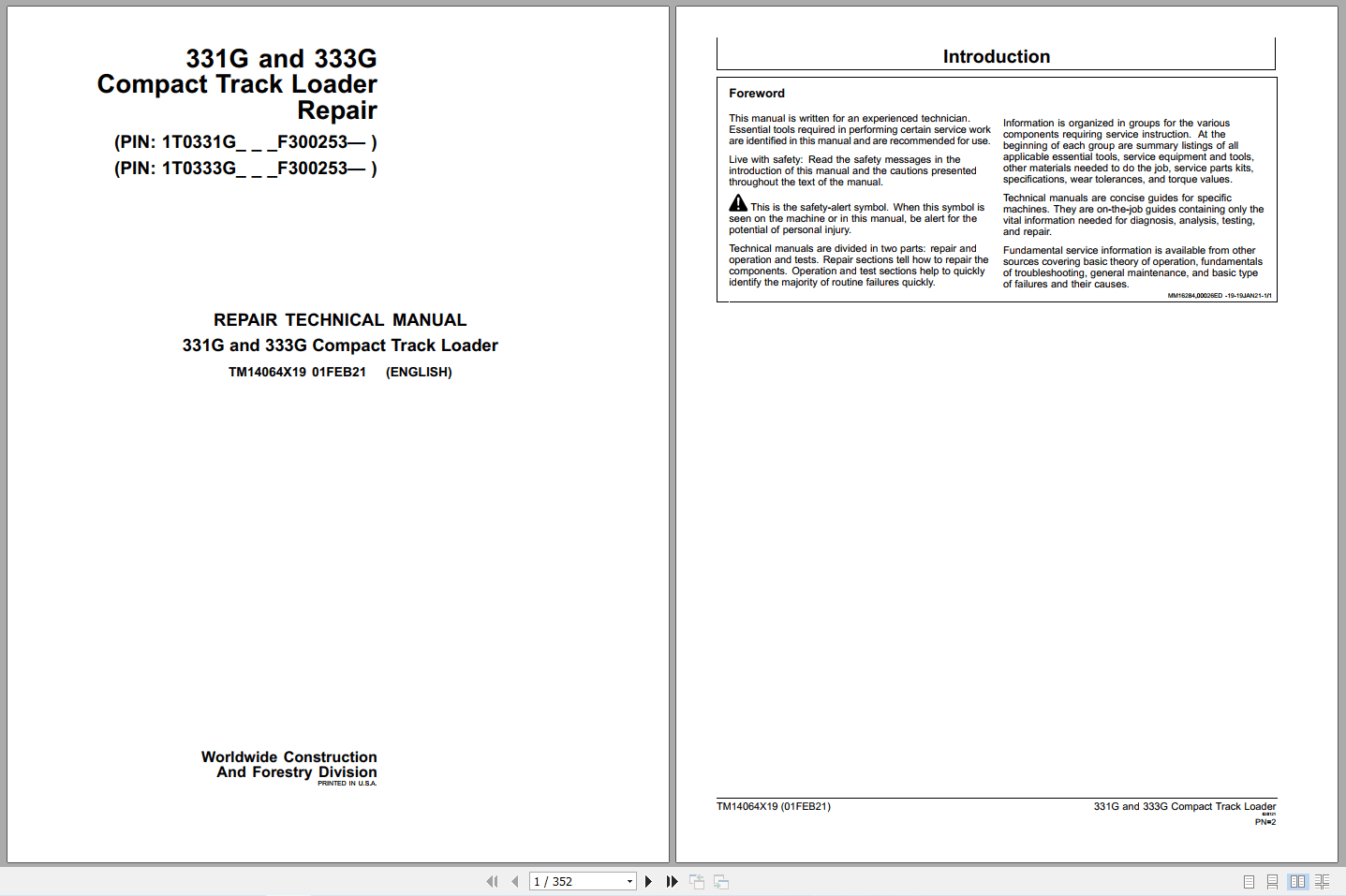 John Deere 331G 333G Compact Track Loader Repair Technical Manual TM14064X19 (1)